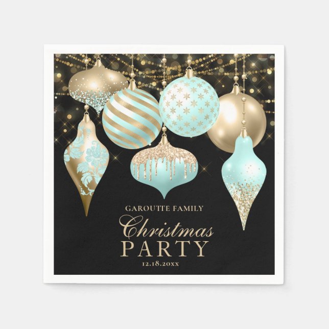Elegant Aqua Guld Ornaments jul Party Pappersservett (Framsidan)