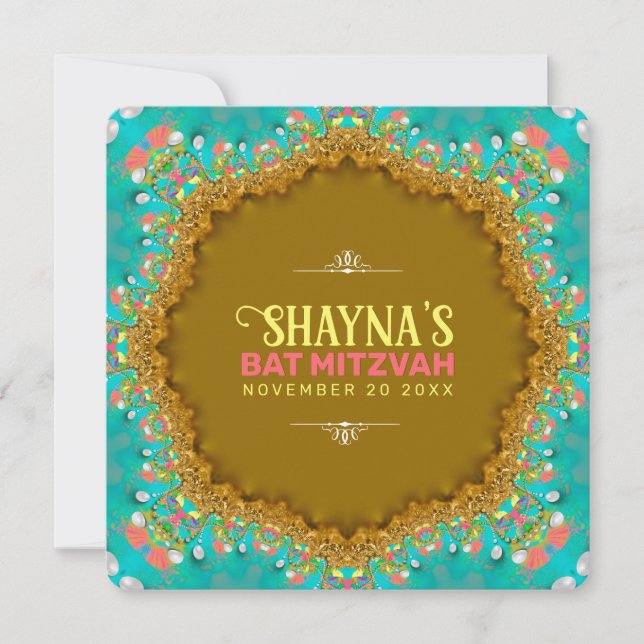 Elegant Aqua Guld Satin Snöre Bat mitzvah Inbjudningar (Framsida)