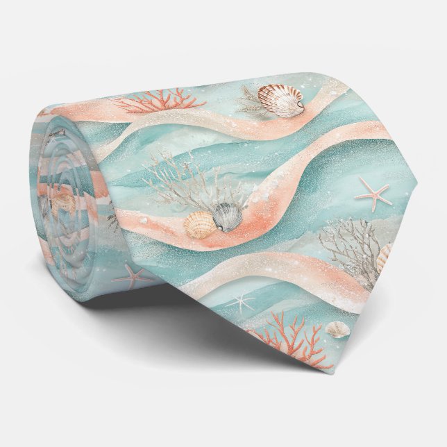 Elegant Aqua Korall Havsmönster Slips (Rullad)