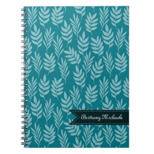 Elegant Aqua Löv på Teal Mönster med Namn Anteckningsbok Med Spiral
