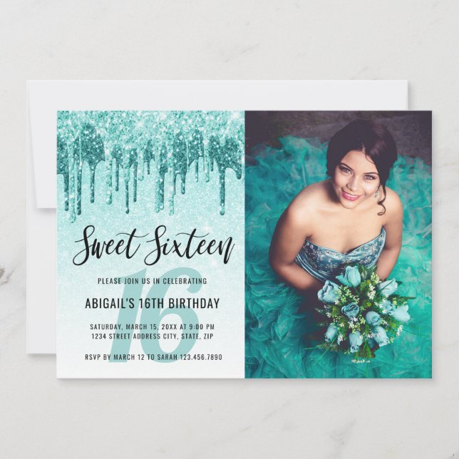 Elegant aqua mynta glitter droppar sweet sixteen inbjudningar (Framsida)