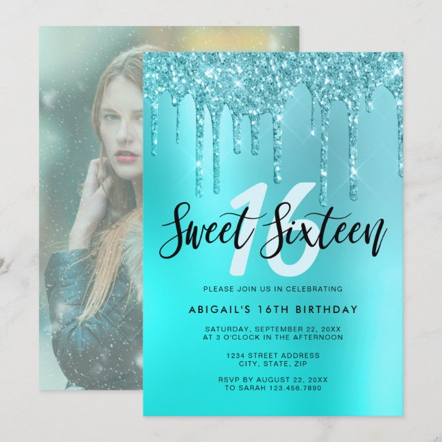 Elegant aqua mynta glitter droppar sweet sixteen inbjudningar (Fram/baksida)