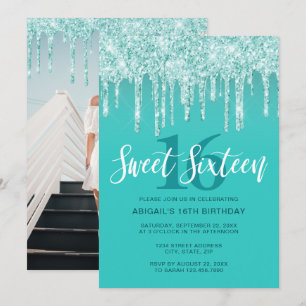 Elegant aqua mynta glitter droppar sweet sixteen  inbjudningar