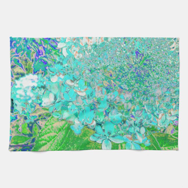 Elegant Aqua och Grönt Limelight Hydrangea Detail Kökshandduk (Horisontell)