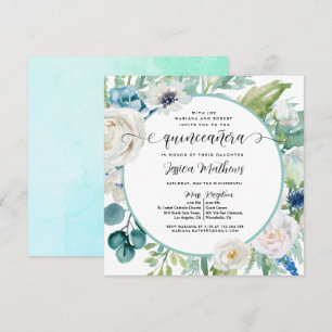 Elegant Aqua och Turquise Teal Blommigt Quinceañer Inbjudningar