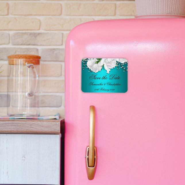 Elegant Aqua och Vit ros Bröllop spara datum Magnet (Skapare uppladdad)