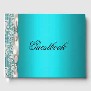 Elegant Aqua och White Satin Ribbon Bröllop Gästböcker