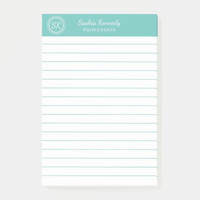 Elegant Aqua Professionell Monogram Business Post-it Block (Framsida)