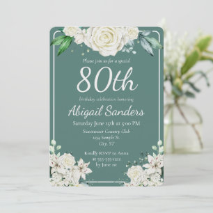 Elegant Aqua Ro Blommigt 80:e Födelsedagsfesten Inbjudningar