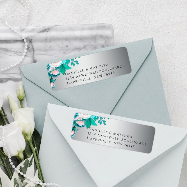 Elegant Aqua Ro på Silver Bröllop Returadress Etikett (Skapare uppladdad)