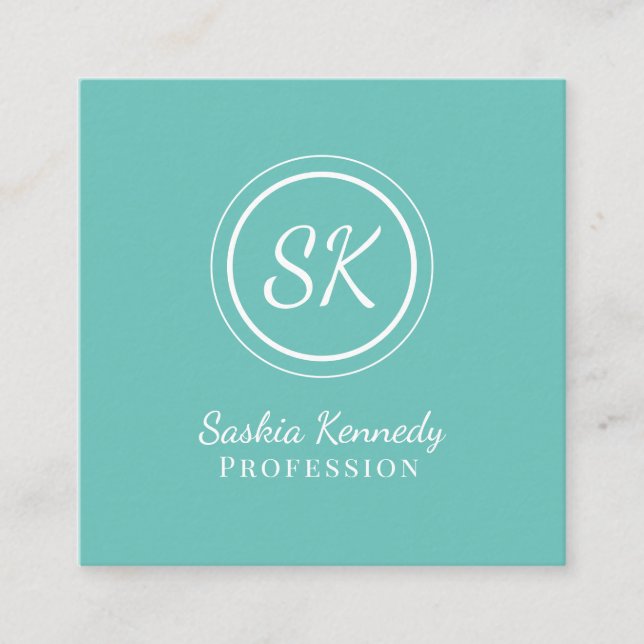 Elegant Aqua Script Professionell Monogram Fyrkantigt Visitkort (Framsida)