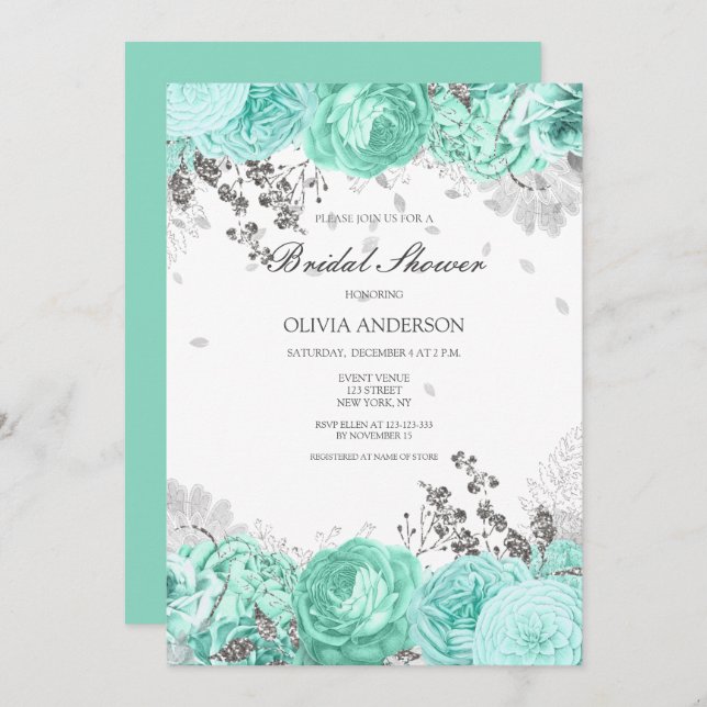 Elegant Aqua Silver Blommigt Möhippa Inbjudningar (Fram/baksida)