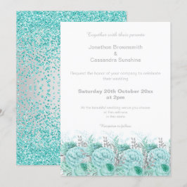 ELEGANT AQUA SILVER GLITTER BLOMMIGT BRÖLLOP INBJUDNINGAR