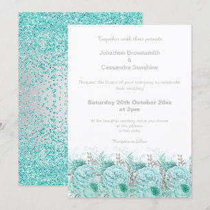 ELEGANT AQUA SILVER GLITTER BLOMMIGT BRÖLLOP INBJUDNINGAR