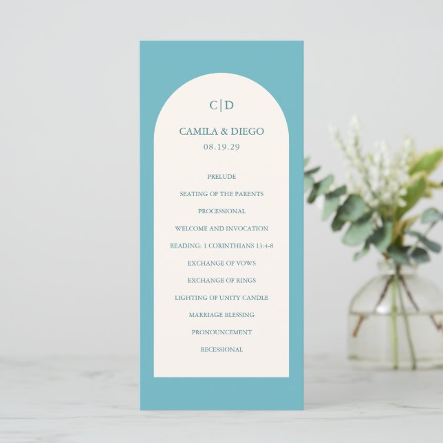 Elegant Aqua Teal Båge Modern Bröllop Program (Stående Fram)