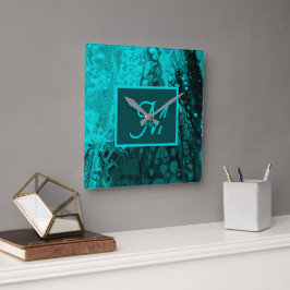 Elegant Aqua Teal fet skript Monogram Fyrkantig Klocka