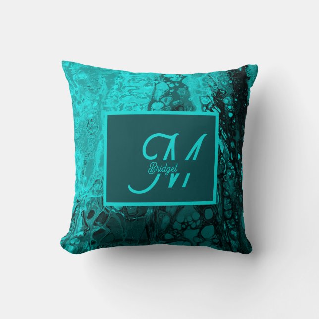 Elegant Aqua Teal marble fold typography Monogram Kudde (Framsida)