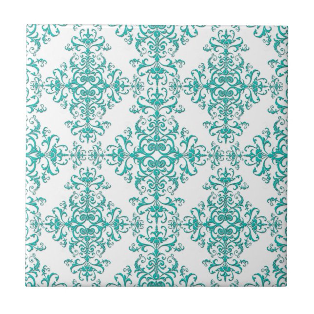Elegant Aqua Turquoise över Vit Damaskmönster Kakelplatta (Framsidan)