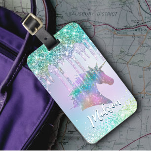 Elegant aqua Unicorn Glitter Drives monogram Bagagebricka