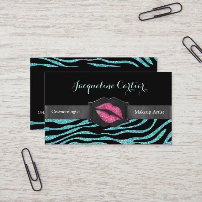 Elegant Aqua Zebra Glitter Kiss Cosmetolog Visitkort (Fram/Back In Situ)