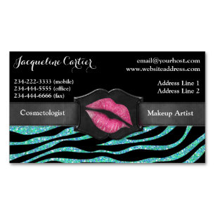 Elegant Aqua Zebra Glitter Kiss Cosmetolog Visitkortmagnet