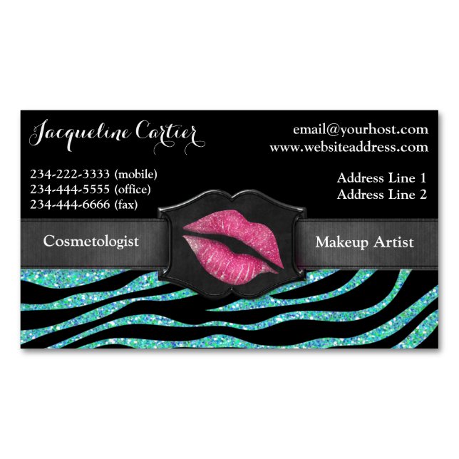 Elegant Aqua Zebra Glitter Kiss Cosmetolog Visitkortmagnet (Framsida)