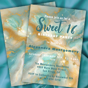 Elegant Aquamarine Marble Guld Glitter Sweet 16 Inbjudningar