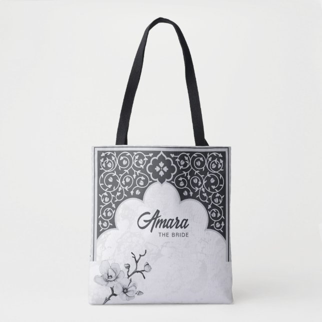 Elegant Arabesk Blommig Handväsk | Noir Arch Tygkasse (Framsida)