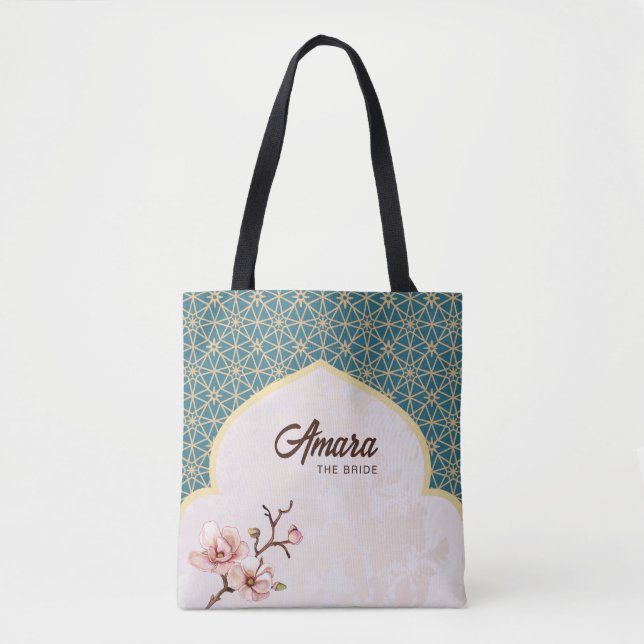 Elegant arabesk blommig handväsk | Turkos & Guld Tygkasse (Framsida)