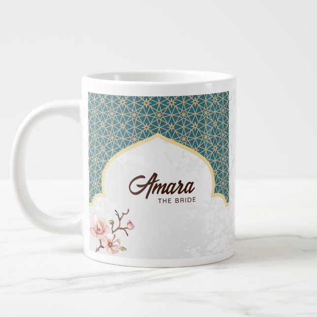 Elegant Arabesk Bröllopsmugg | Djup Teal & Guld Jumbo Mugg (Vänster)