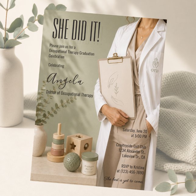 Elegant Arbetsterapi Examen Inbjudningar (Elegant sage green occupational therapy graduation invitation with calming luxury aesthetic.)