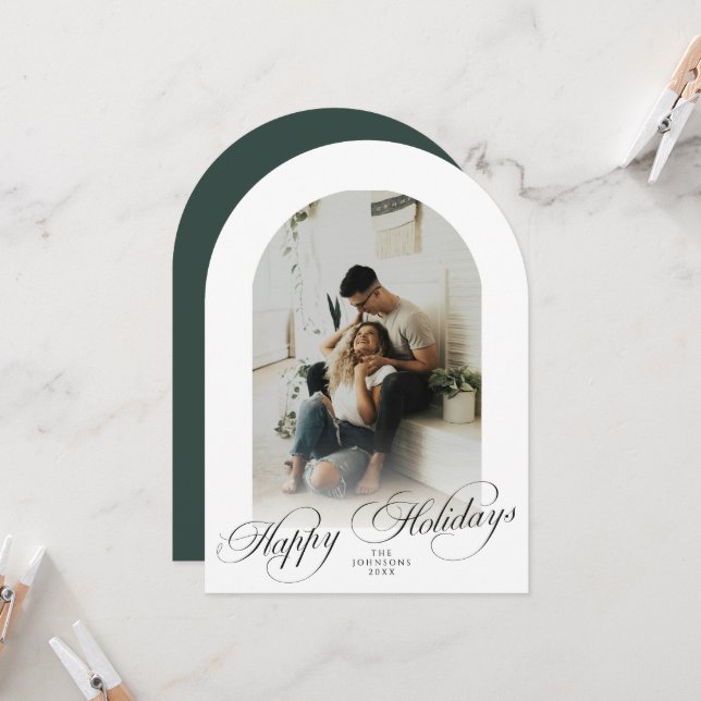 Elegant Arch 1 Photo Green Christmas Holiday Card Inbjudningar (Fram/Back In Situ)