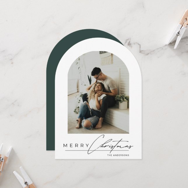 Elegant Arch 1 Photo Green Christmas Holiday Card Inbjudningar (Fram/Back In Situ)