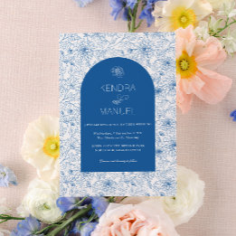 Elegant Arch Blommigt Toile Fransk Blue Bröllop Inbjudningar