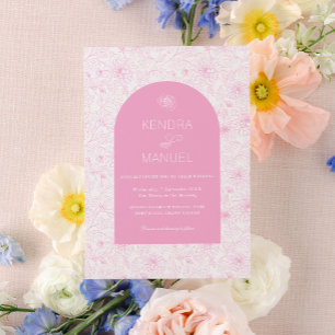 Elegant Arch Blommigt Toile Rosa Bröllop Inbjudningar