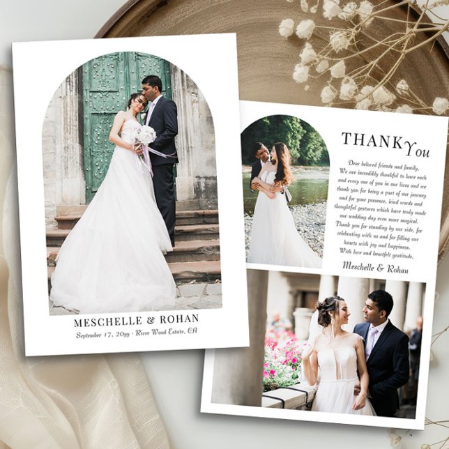 Elegant Arch Bröllop Photo Trio Tack Kort (Elegant Arches wedding photo thank you card by Darling & May)