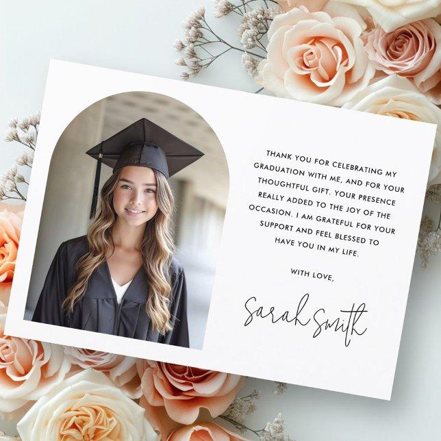 Elegant Arch, enkel klassisk vit bild studenten Tack Kort (Elegant arch simple classic white photo graduation thank you card)