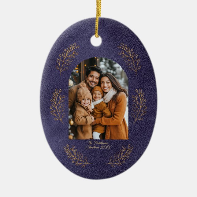 Elegant Arch Family Photo Leaves Blue Christmas Julgransprydnad Keramik (Framsidan)