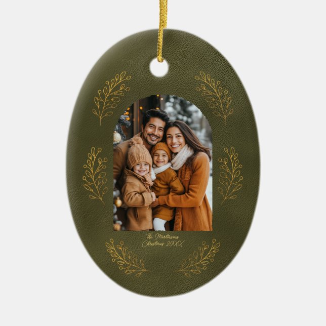 Elegant Arch Family Photo Leaves Green Christmas Julgransprydnad Keramik (Framsidan)