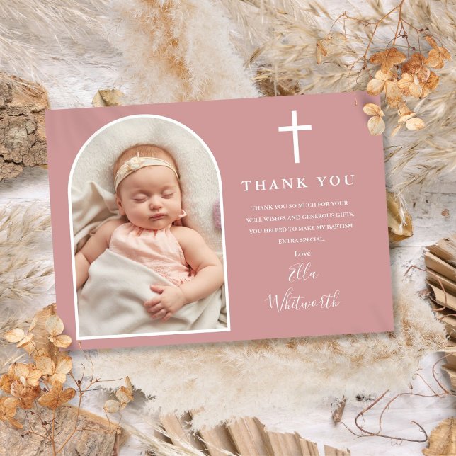 Elegant Arch Foto Dammig Rosa Dop Tack Kort (Elegant Arch Photo Dusty Rose Pink Baptism Thank You Card)