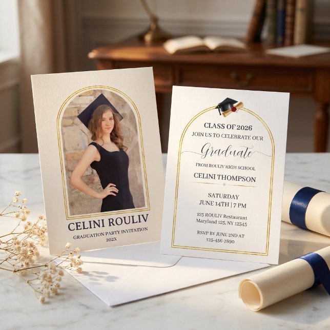Elegant Arch Foto Examen Fest Inbjudan 2026 (Elegant Arch Photo Graduation Party Invitation class  of 2026)