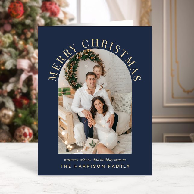 Elegant Arch Foto God Jul Blå Helgkort (Share the love and warmth of the season with an elegant arch photo Christmas card)