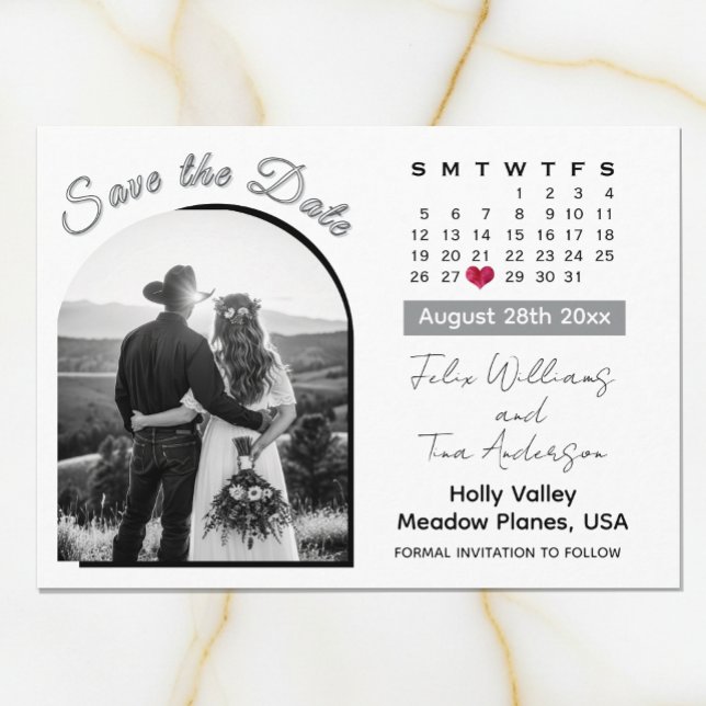 Elegant Arch Foto Svart / Vitt Bröllopskalender Spara Datumet (Elegant Black & White Wedding Calendar Save the Date Card)