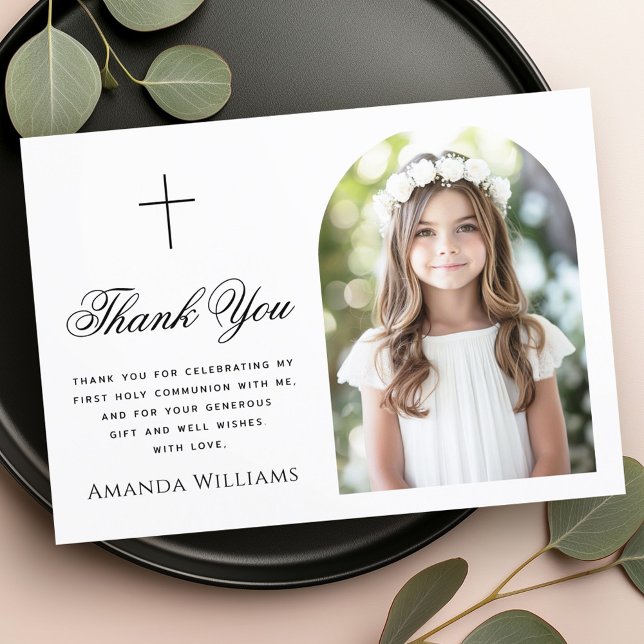 Elegant Arch-fotot kor First Heliga Communion Tack Kort (Elegant arch photo cross First Holy Communion Thank You Card)
