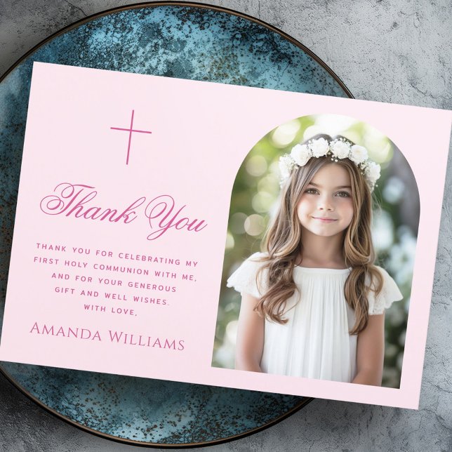 Elegant Arch-fotot kor rosa First Heliga Communion Tack Kort (Elegant arch photo cross pink First Holy Communion Thank You Card)