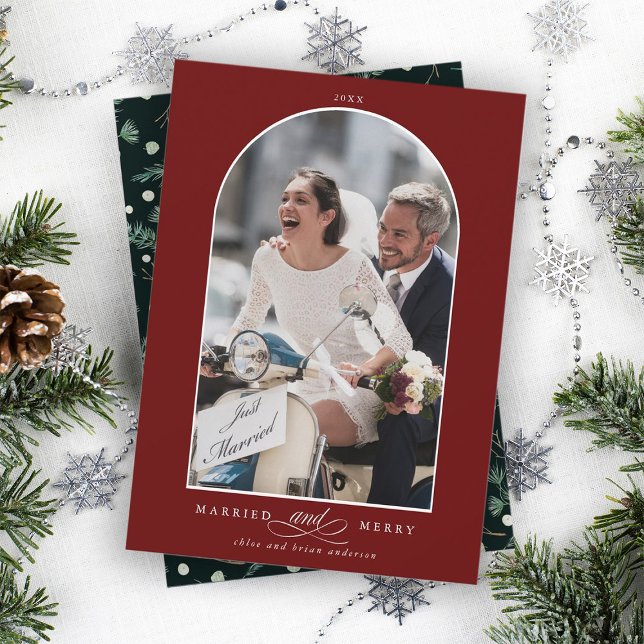 Elegant Arch gift och Merry Photo Red Julkort (Front & Back)