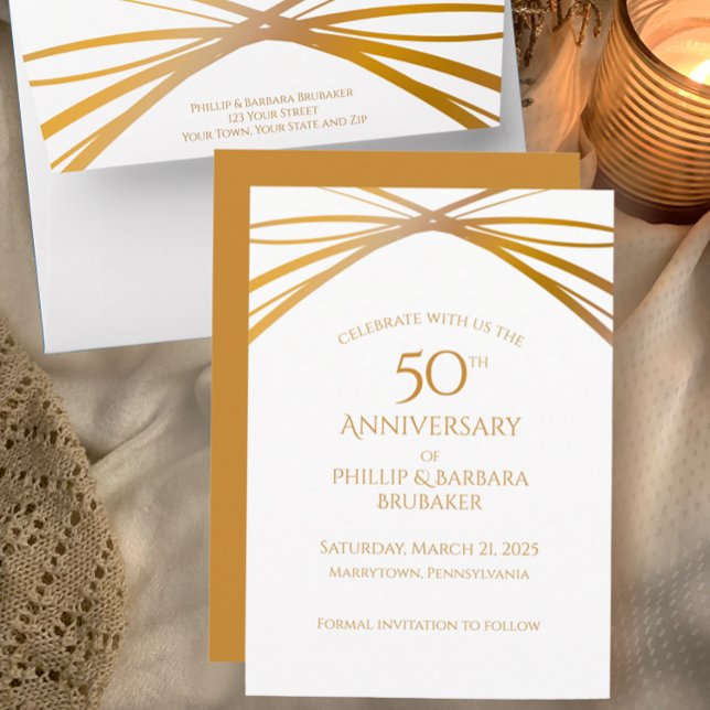 Elegant Arch Golden 50-årsdag Spara datumet (Customize this unique modern elegant 50th wedding anniversary golden save the date party invitation )