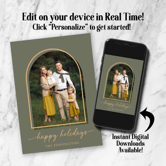 Elegant Arch Grön Guld Jul Foto Julkort (Elegant Arch Green Gold Holiday Photo Card. Personalize in real time! Instant downloads available!)