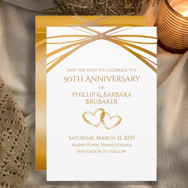 Elegant Arch Guld 50-årsjubileum Spara datumet (Custom Unique Elegant Save the Date Card for Golden 50th Wedding Anniversary Party Hearts Invitation)