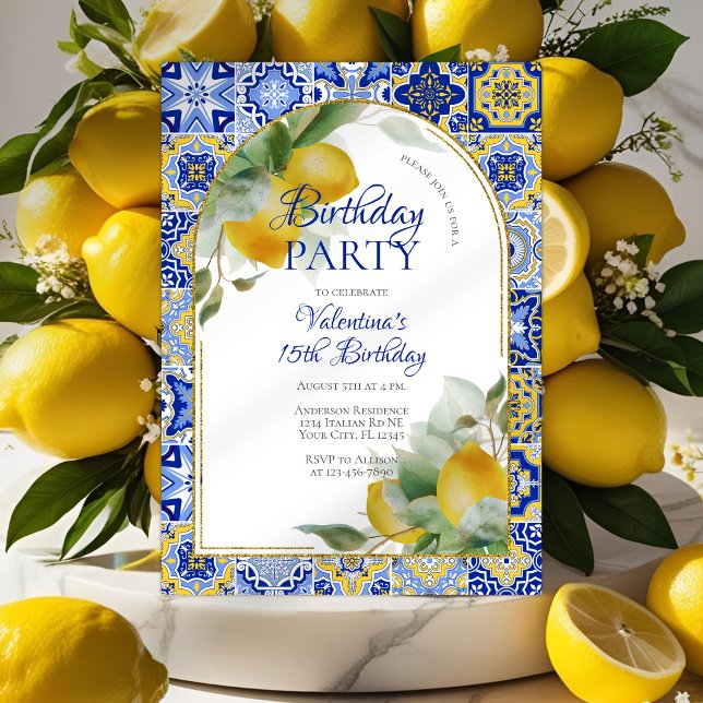 Elegant Arch Italy Blue Tiles Lemons Birthday Inbjudningar (Skapare uppladdad)